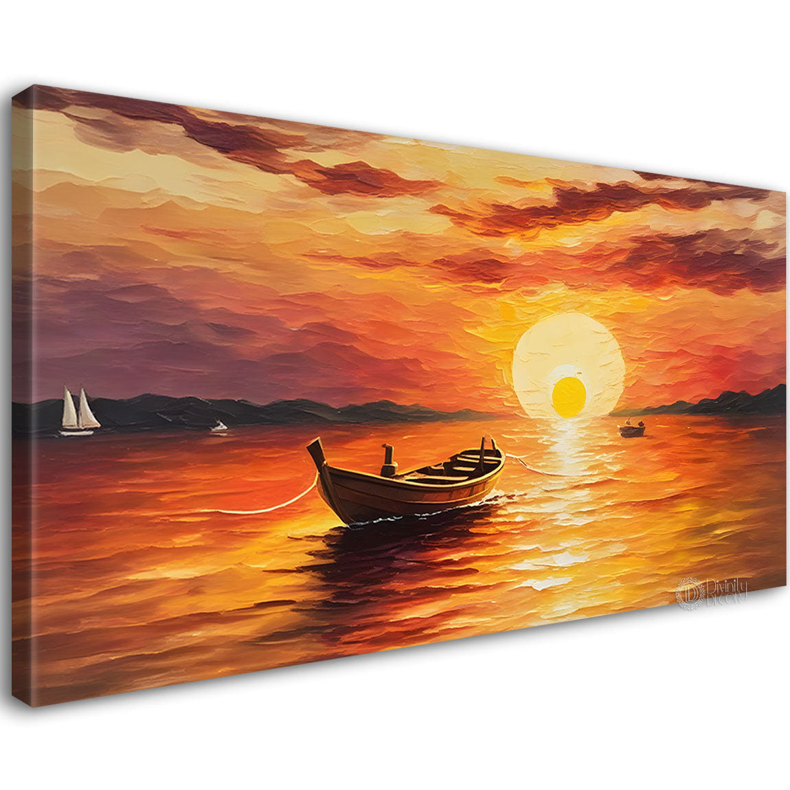Boat in sea with sunrise background  textured modern art canvas painting - Design - River-15