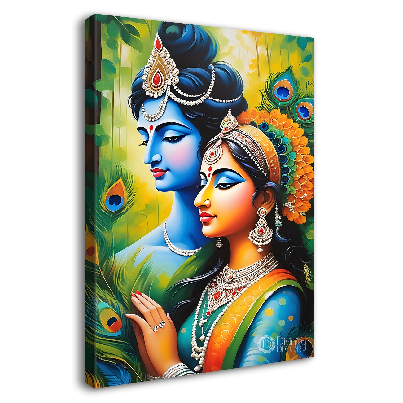 Blue face of krishna with radha in peacock feathers background textured art Canvas Painting - Design - Krishna-V-15