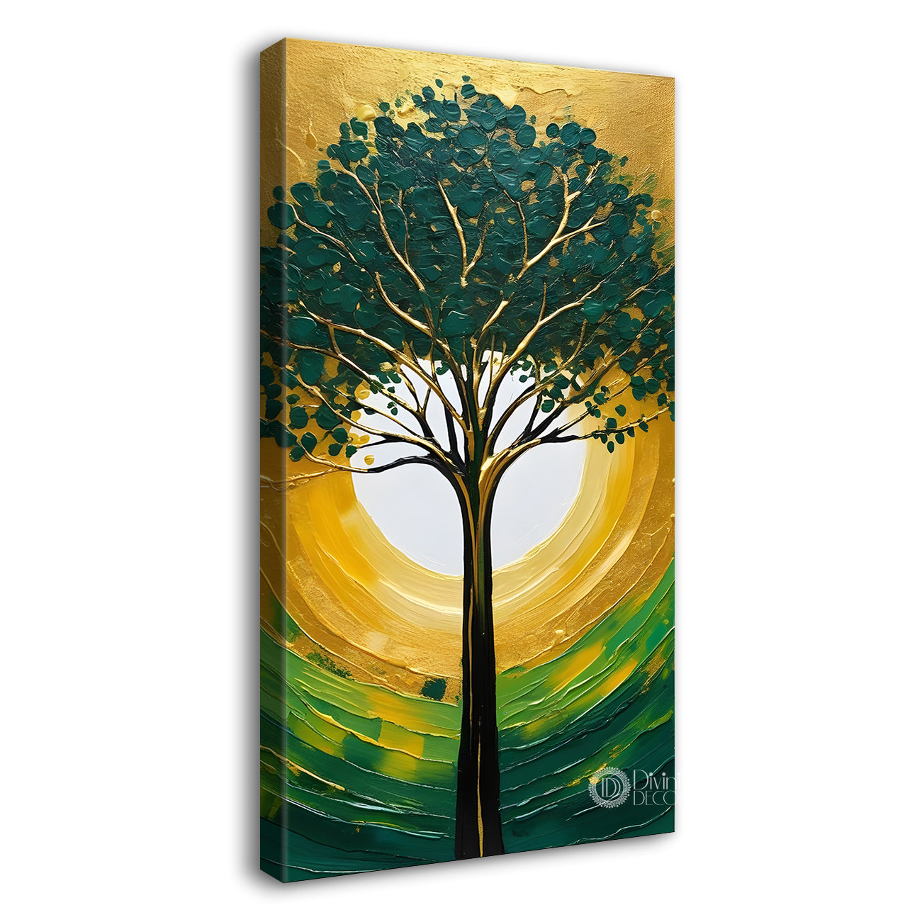 Green Tree in front of sun with bright textured oil painting Canvas painting - Tree-V-16