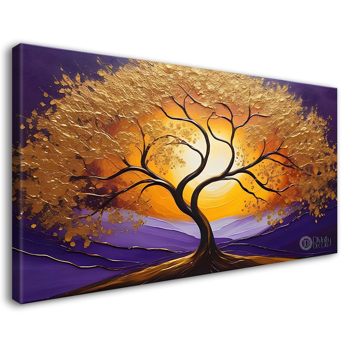 Golden tree in purple textured background modern art Canvas Painting - Design - Tree-15
