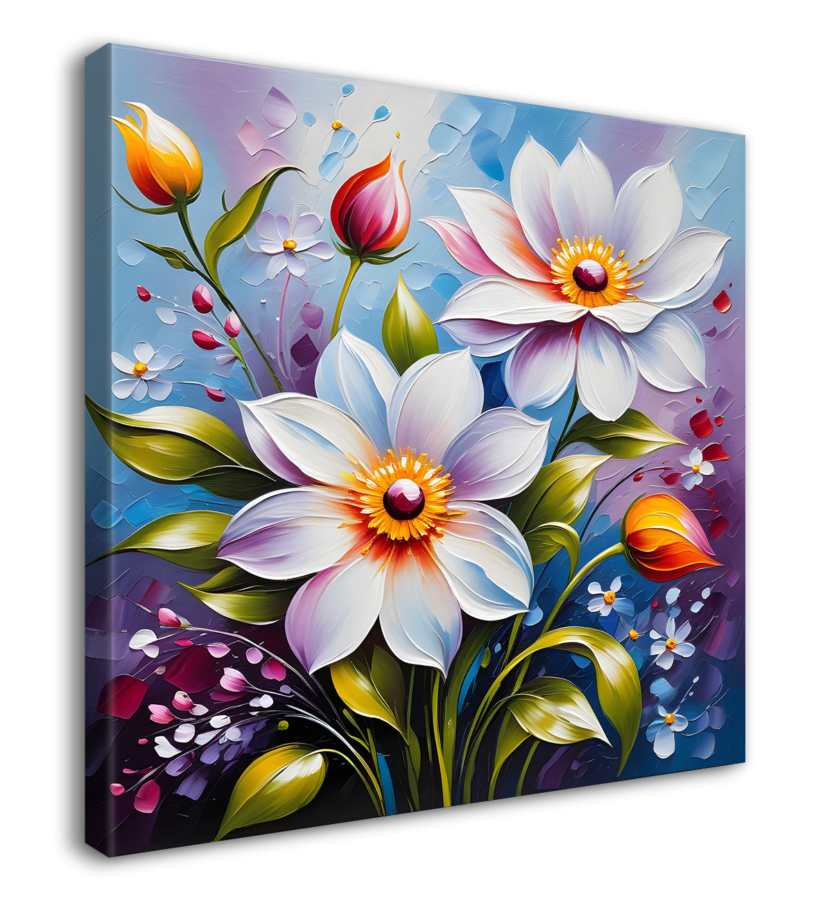 White flowers in blue background textured painting - Flower-S-15