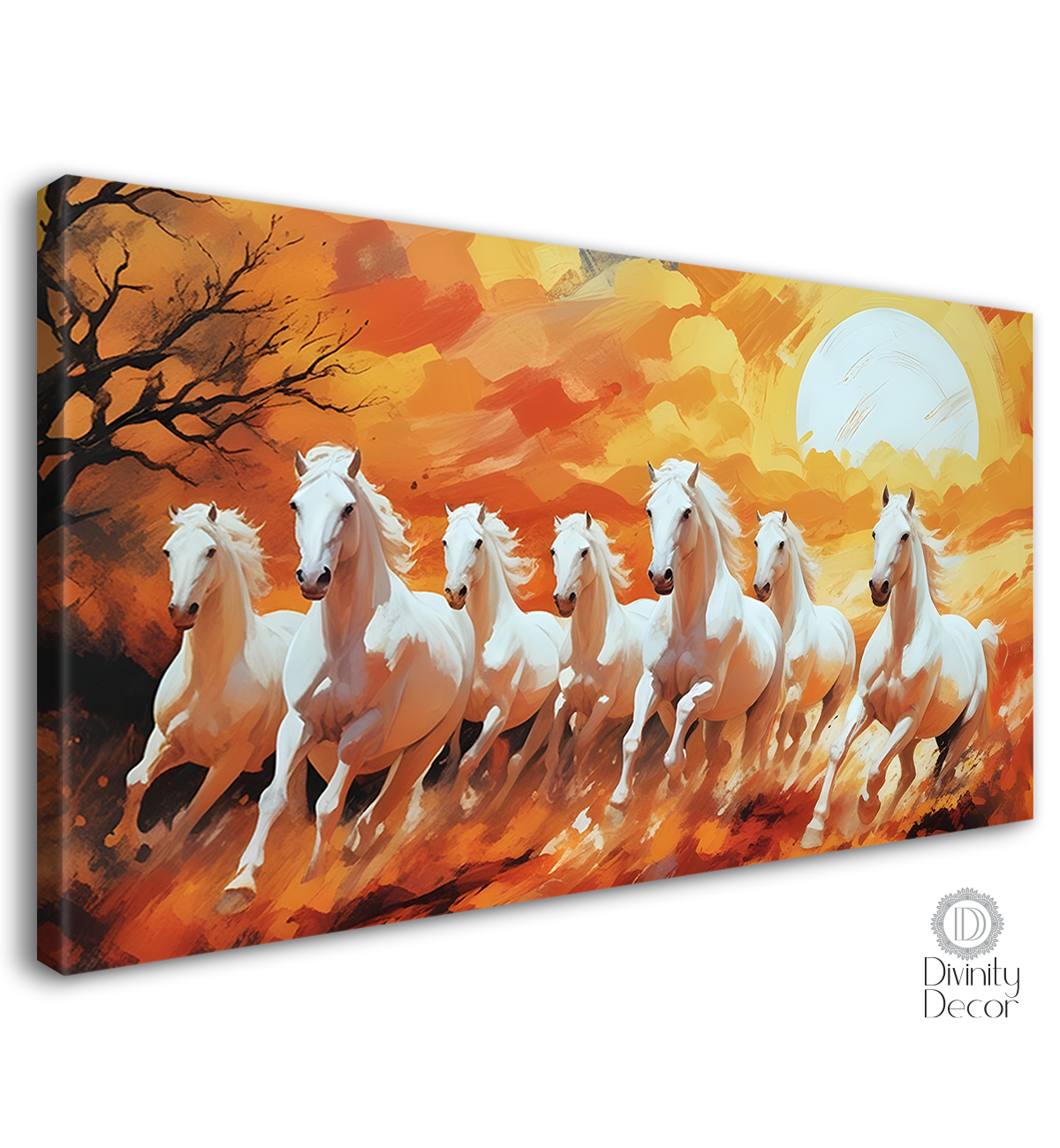 White running horses with tree and sun in yellow textured background art Canvas Painting - Design - Horse-16