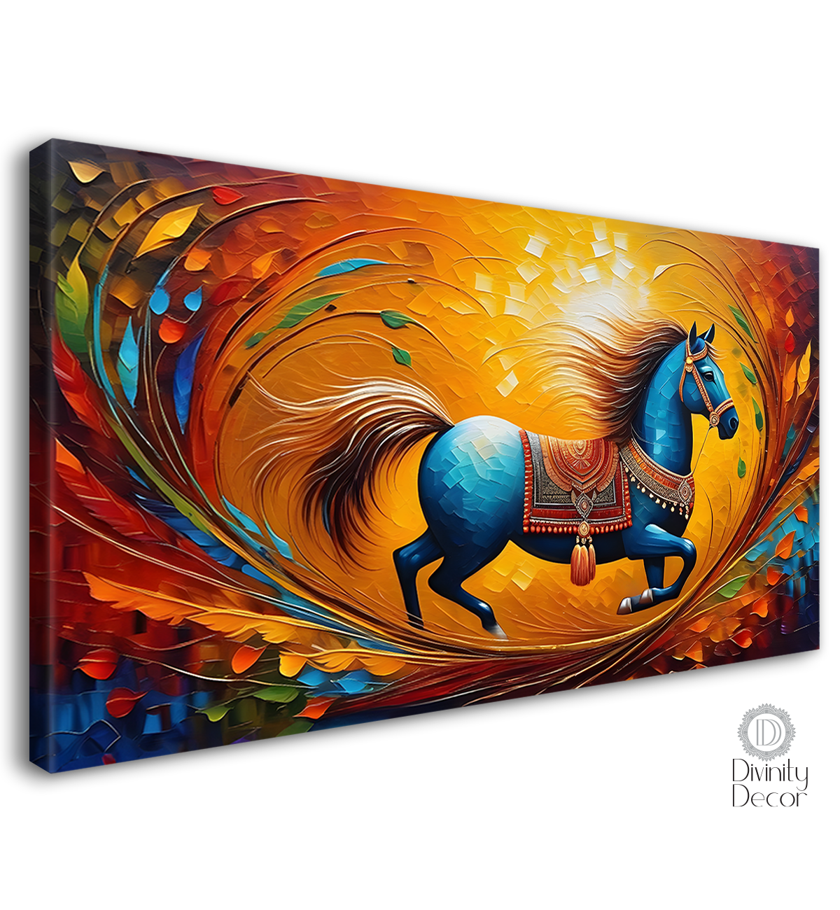 Blue decorated running horse with colorful textured background art Canvas Painting - Design - Horse-160