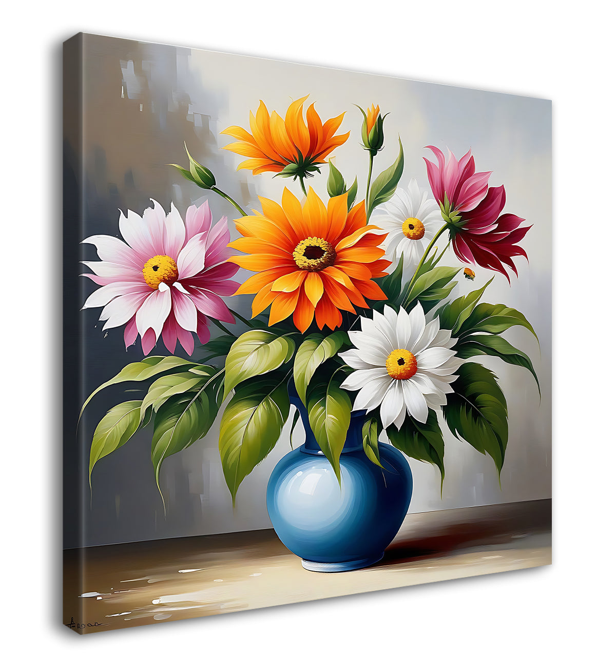Colourful  flowers in a vas in grey textured painting - Flower-S-160