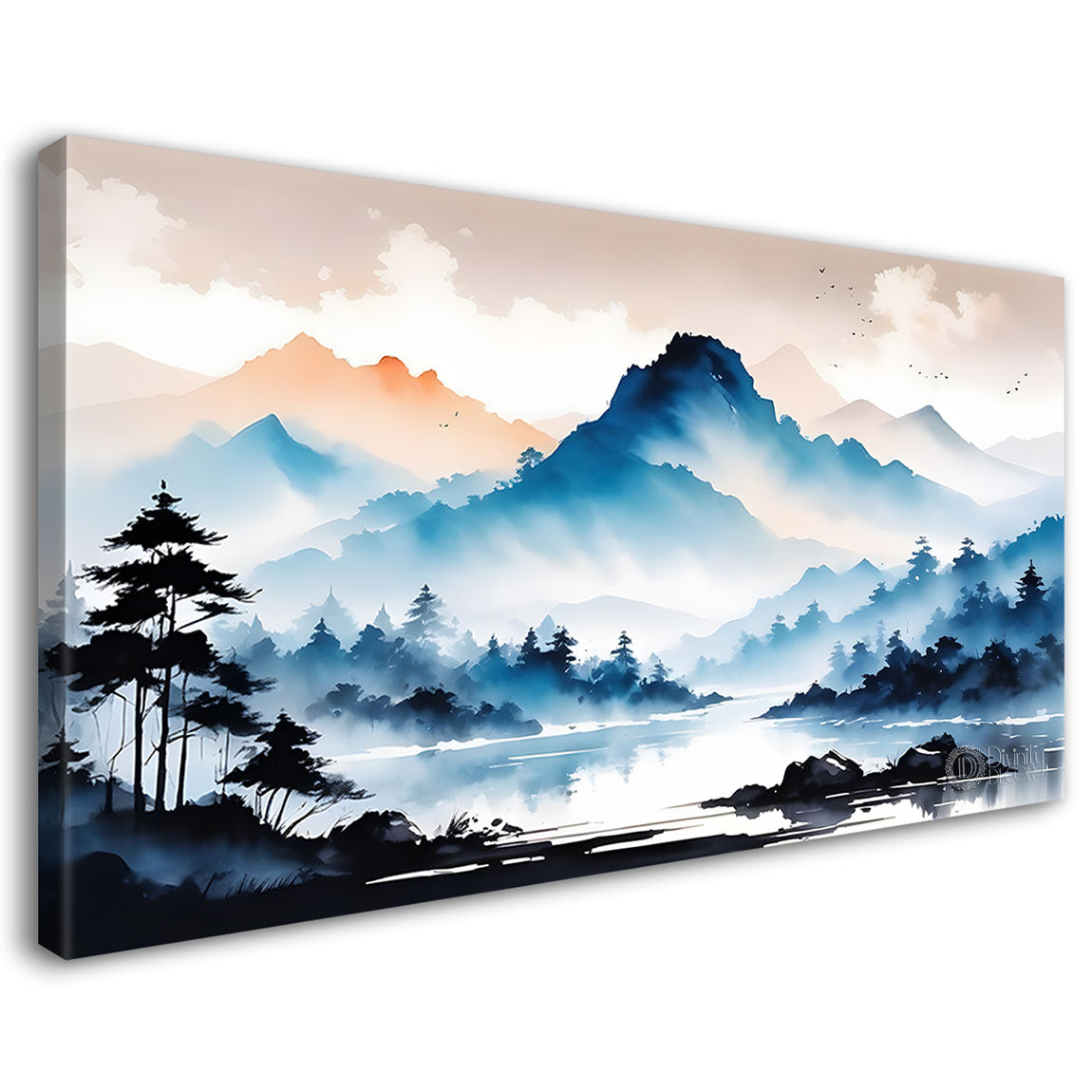 Mountains with river and clouds textured water color art Canvas Painting - Nature Art -160