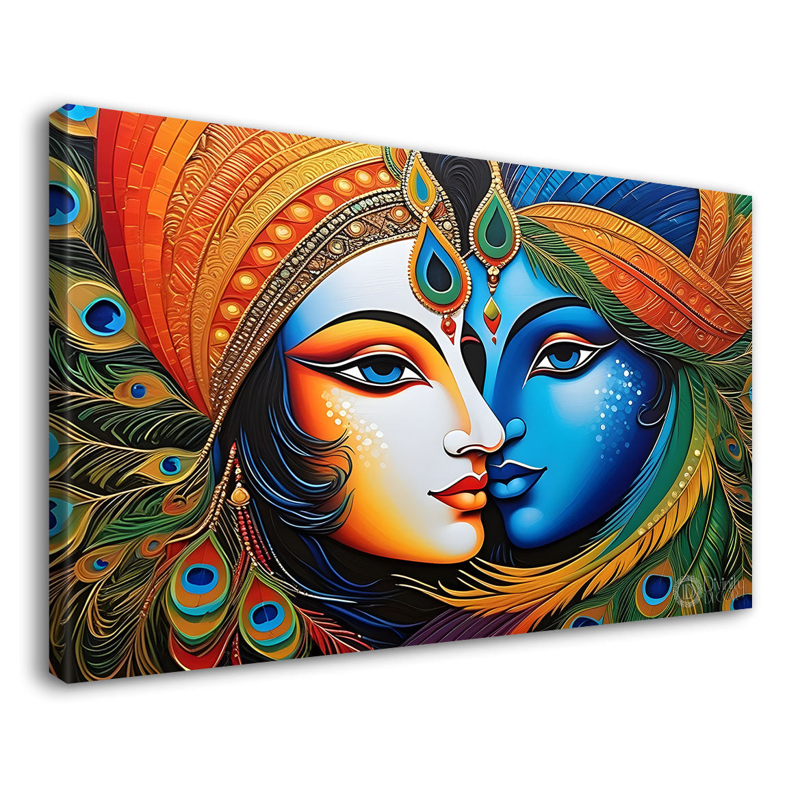 Blue face of Krishna and Radha with orange and peacock feather background painting Canvas Painting - Design - Krishna-160