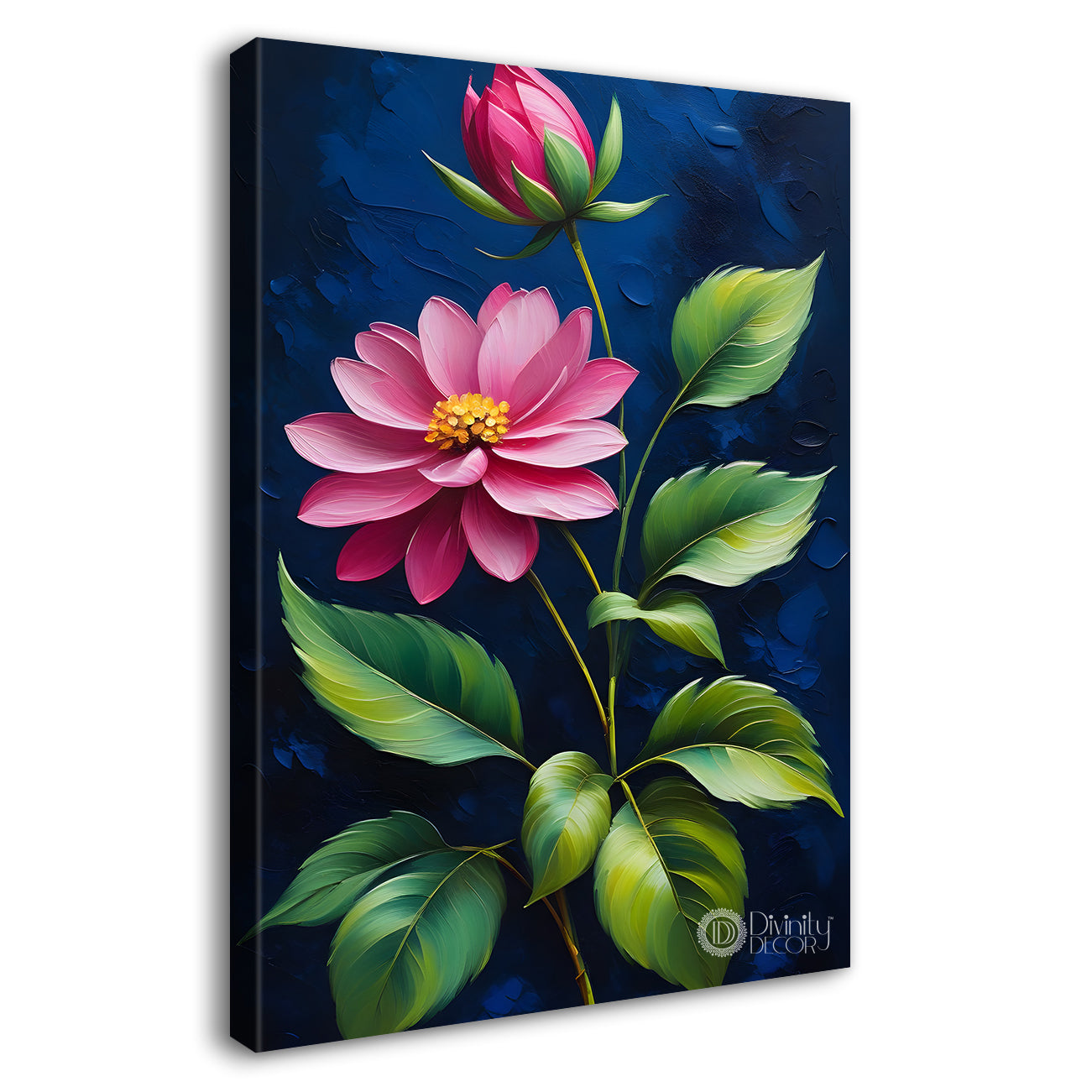 Pink flowers in navy blue textured background painting- Flower-V-160