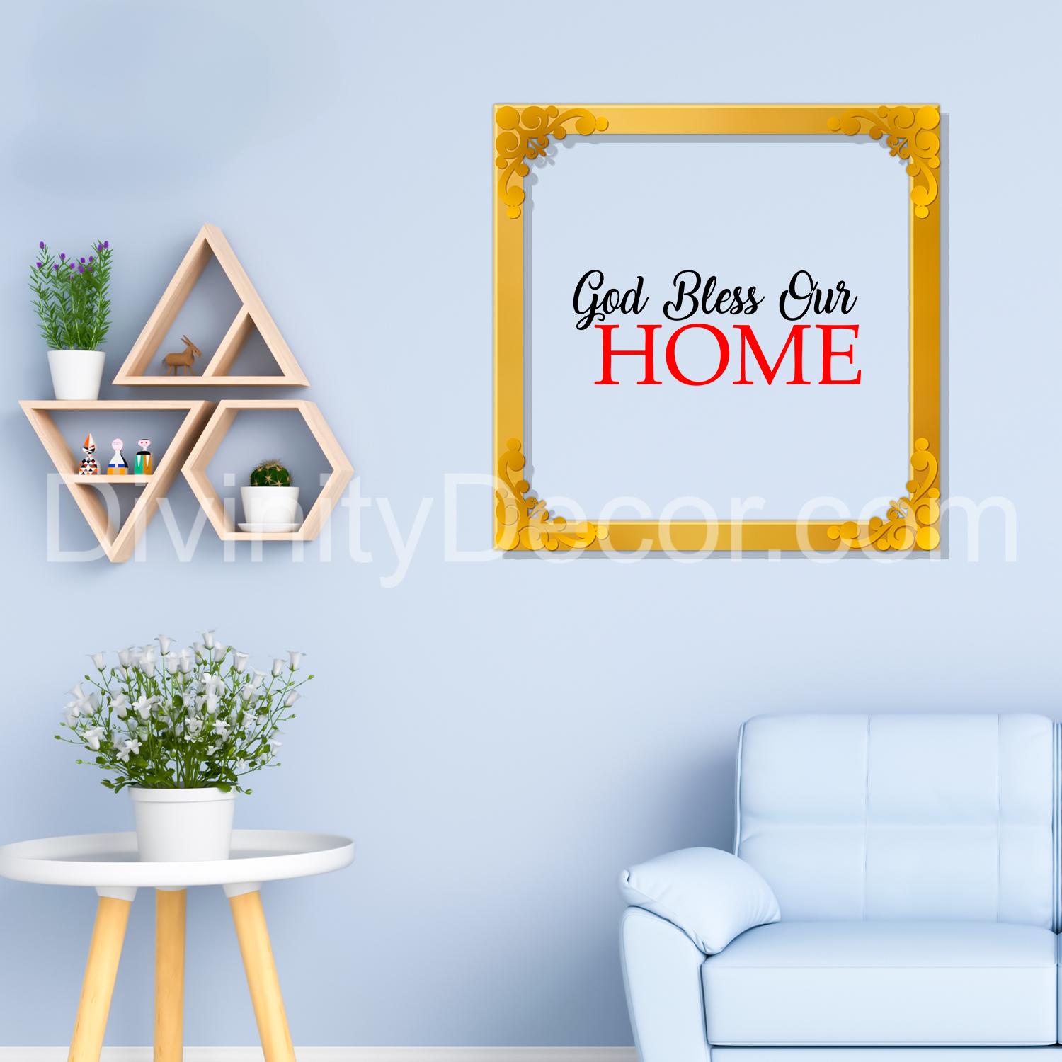 God bless our home Golden Plaque for Gifting, Wall Decor Clear UV print with Golden Border-161