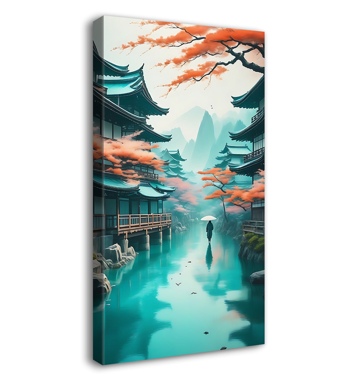 Mountains withlake in aqua green background in textured painting Canvas Painting - Nature Art -V-161