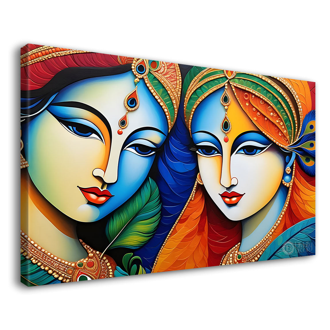 Blue face of Krishna and Radha with orange and peacock feather background painting Canvas Painting - Design - Krishna-161