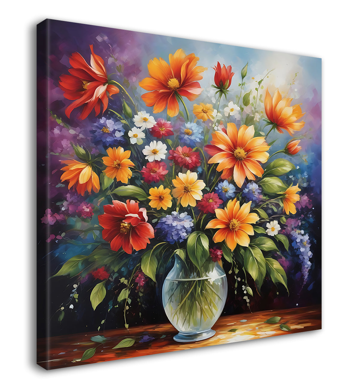 Colourful  flowers in a vas in dark textured painting - Flower-S-161