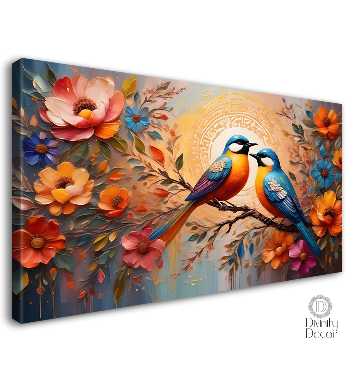 Birds on the branch with colorful flowers in light background art - Design - Animal - 161