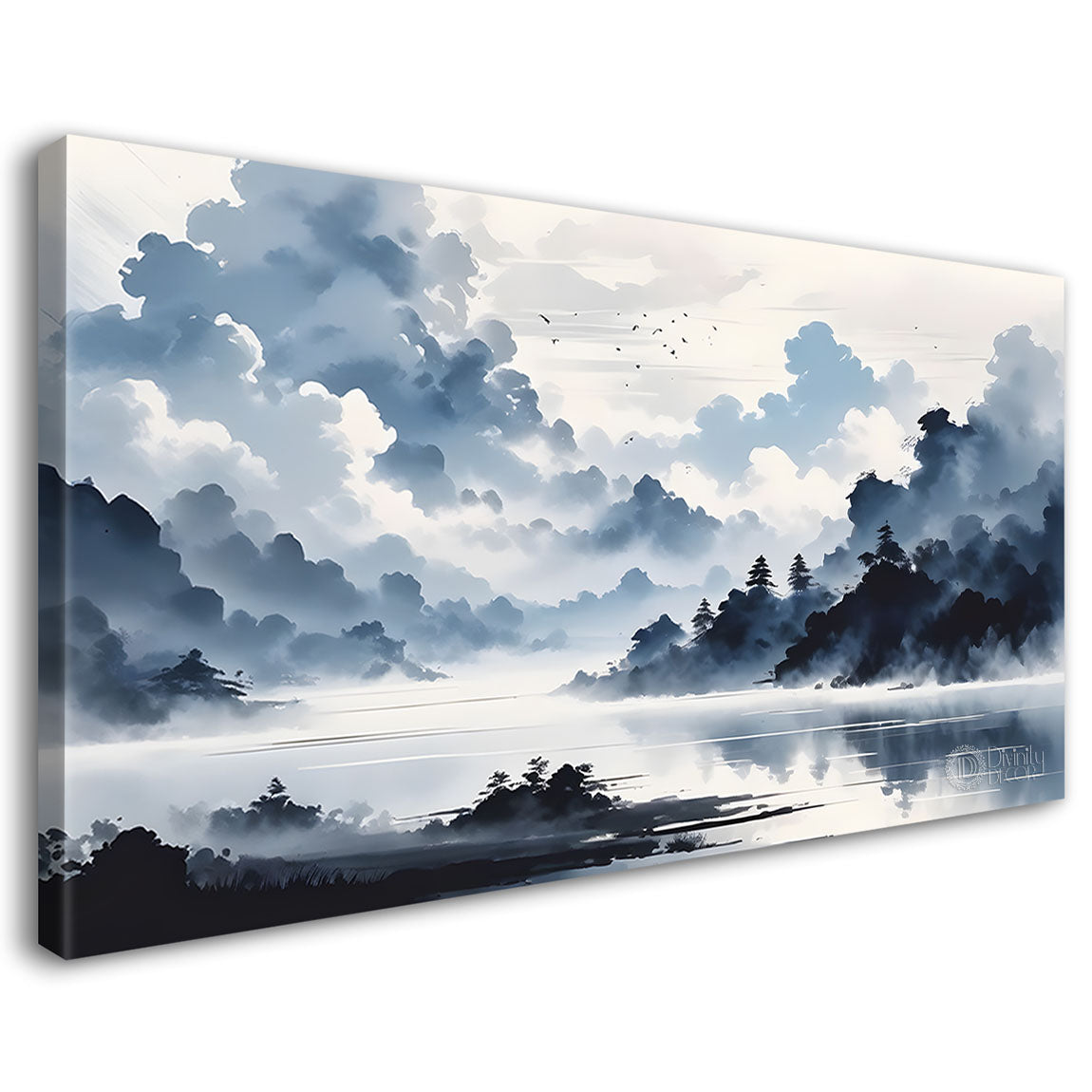 Mountains with river and clouds textured water color art Canvas Painting - Nature Art -161