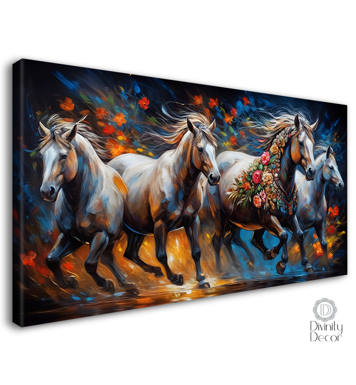 White decorated horses with orange flowers and blue textured background art Canvas Painting - Design - Horse-162