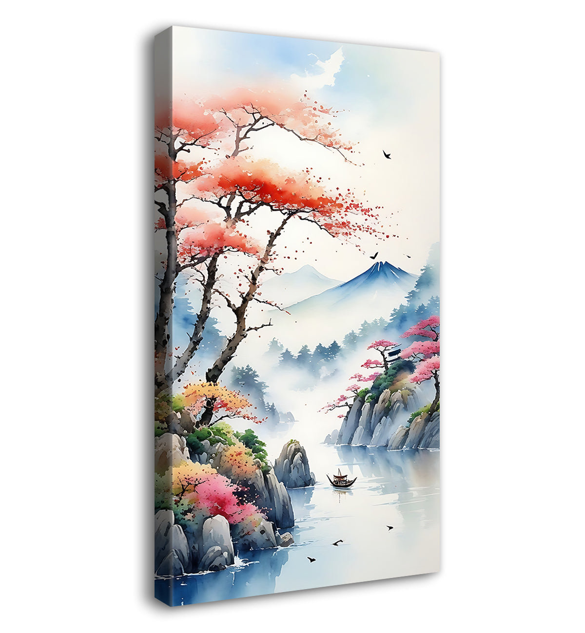 Mountains with pink trees and clouds in textured water colour painting Canvas Painting - Nature Art -V-162
