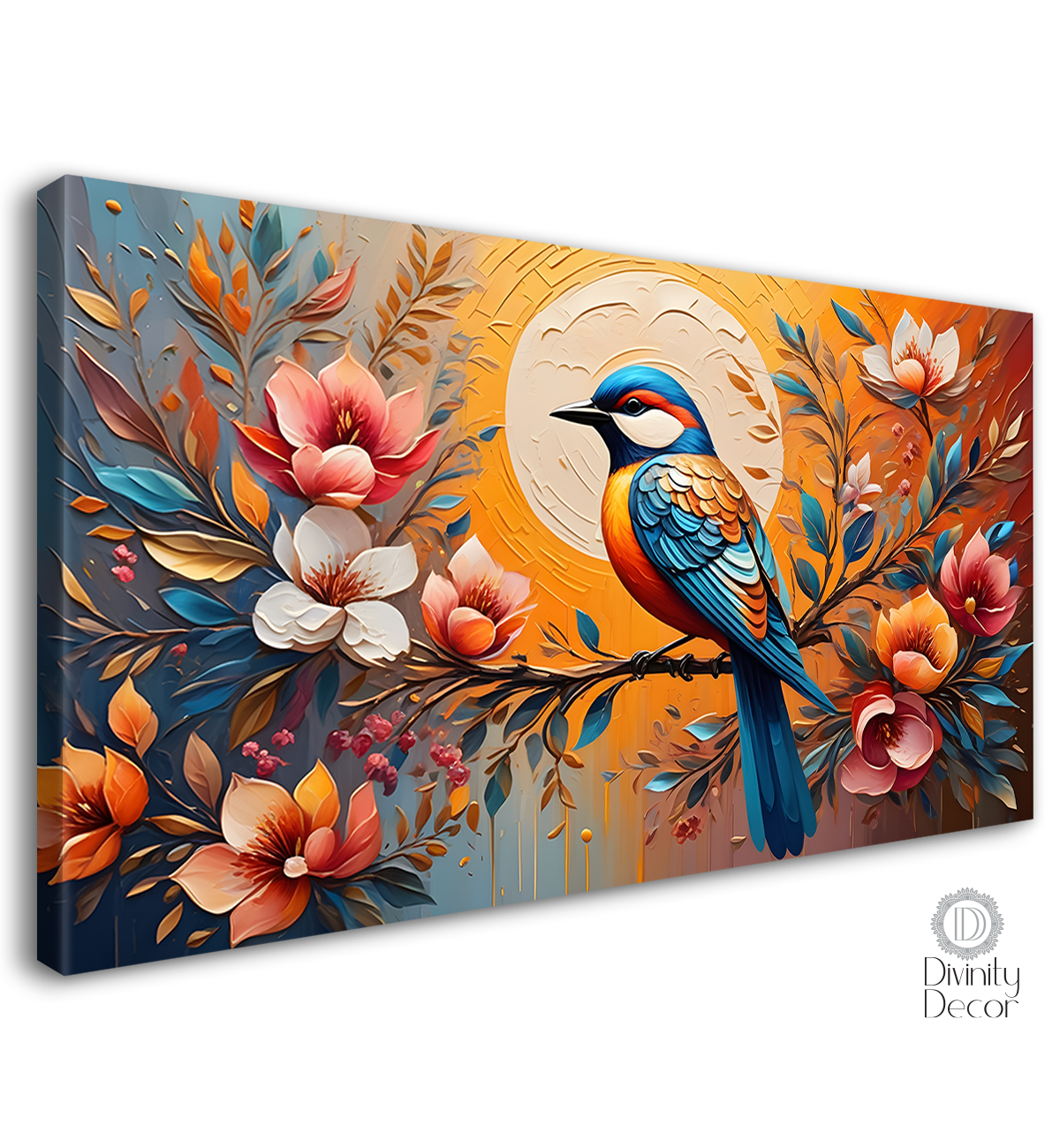 Bird on the branch with colorful flowers in light background art - Design - Animal - 162