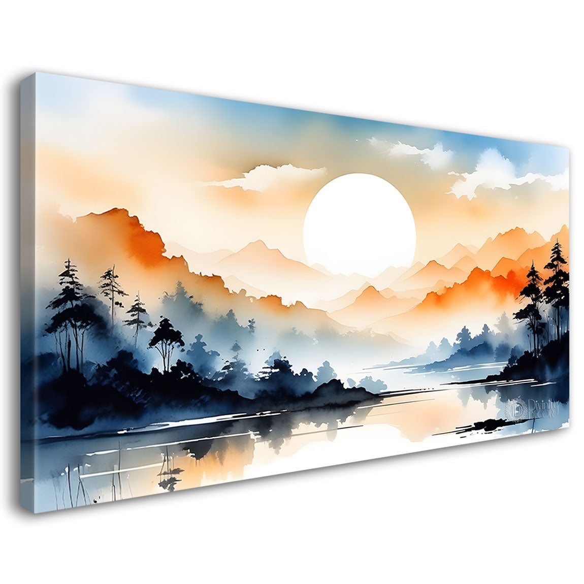 Mountains with river and sunset textured water color art Canvas Painting - Nature Art -162