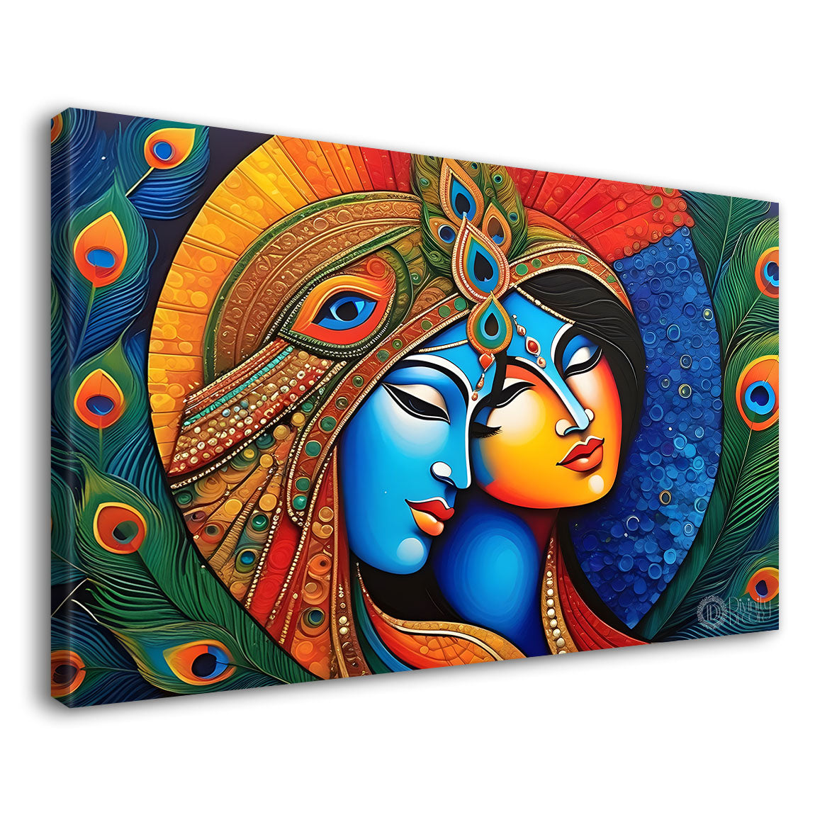 Blue face of Krishna and Radha with peacock feather background painting Canvas Painting - Design - Krishna-162