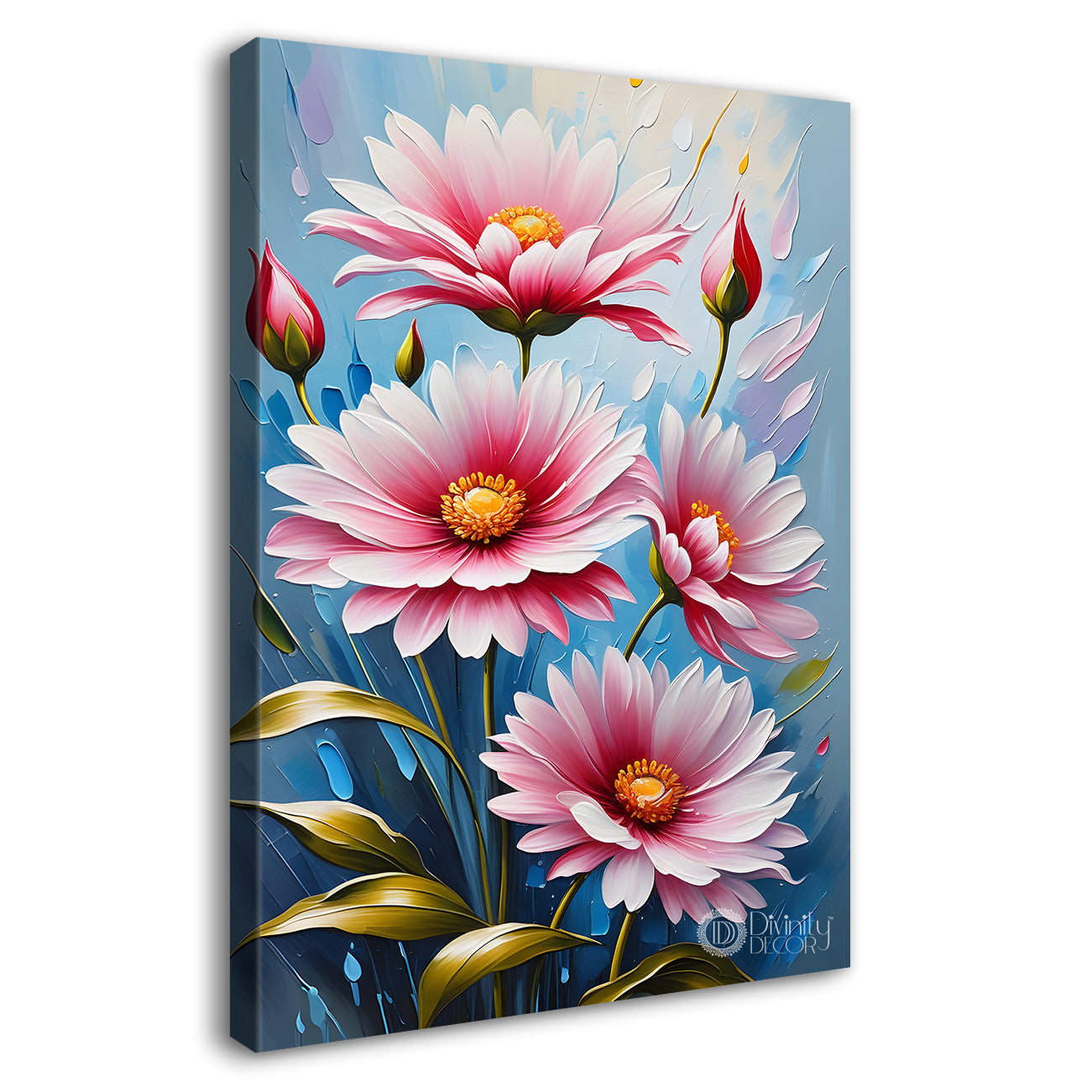 Pink flowers in sky blue textured background painting- Flower-V-162