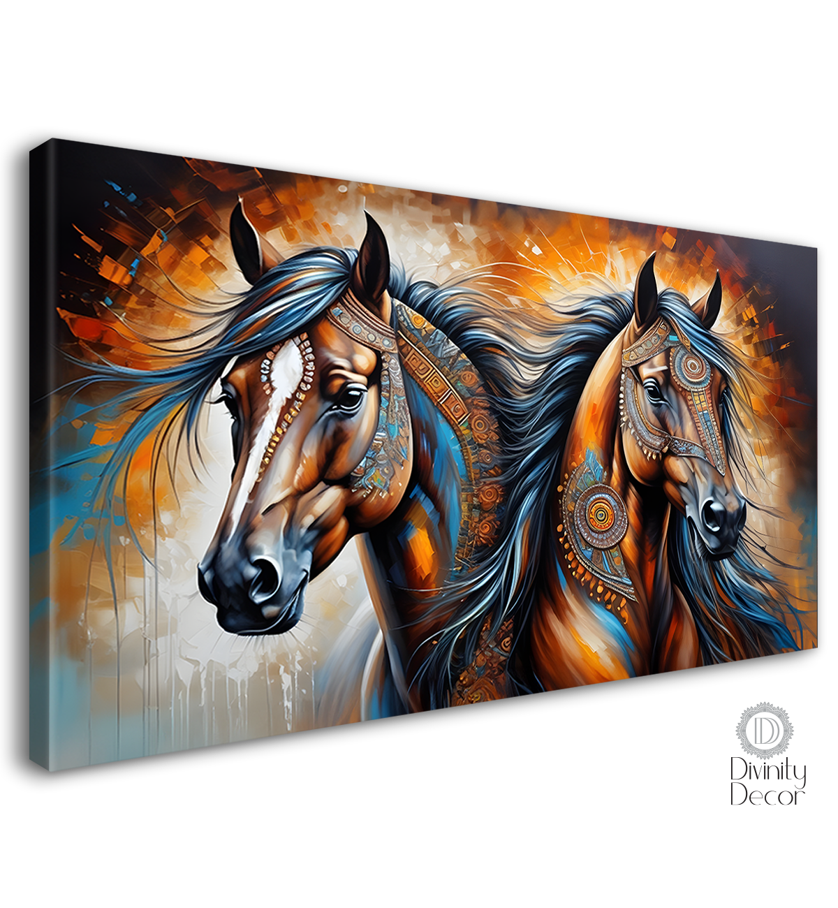 Two brown decorated horses in yellow and dark textured background art Canvas Painting - Design - Horse-163