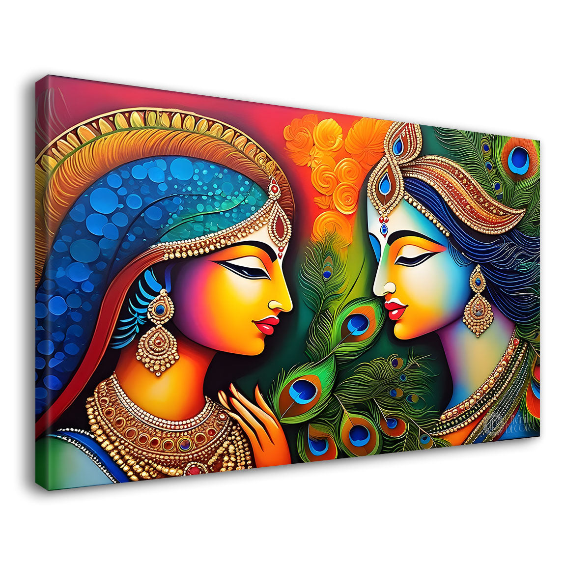 Blue face of Krishna and Radha with orange and peacock feather background painting Canvas Painting - Design - Krishna-163