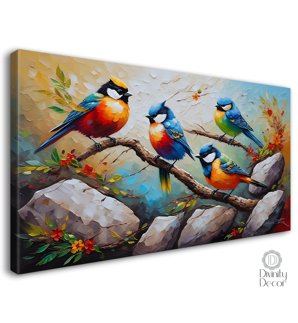 Birds on the branch and rocks in grey background art - Design - Animal - 163