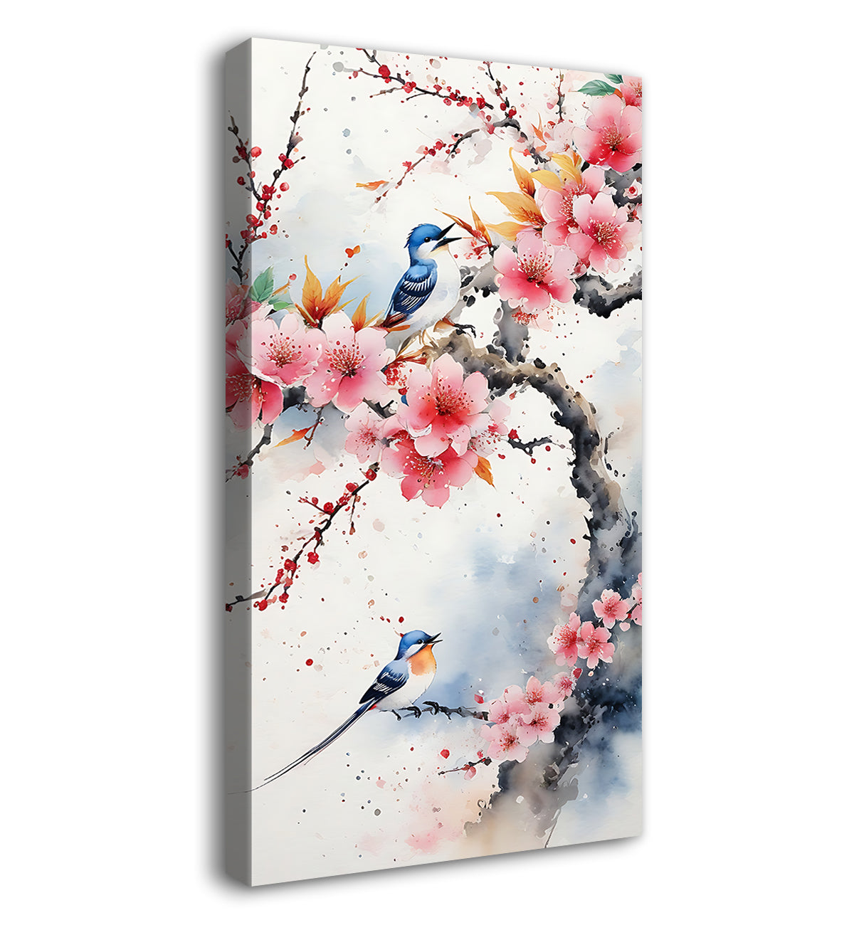 Bird sitting on a pink tree in textured natural art Canvas Painting - Nature Art -V-163