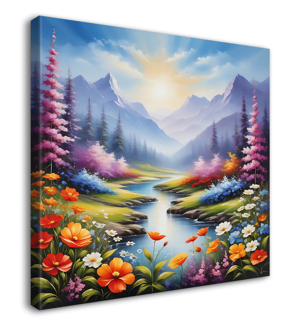 Mountains with pink trees and orange flowers with a lake textured painting - Flower-S-163