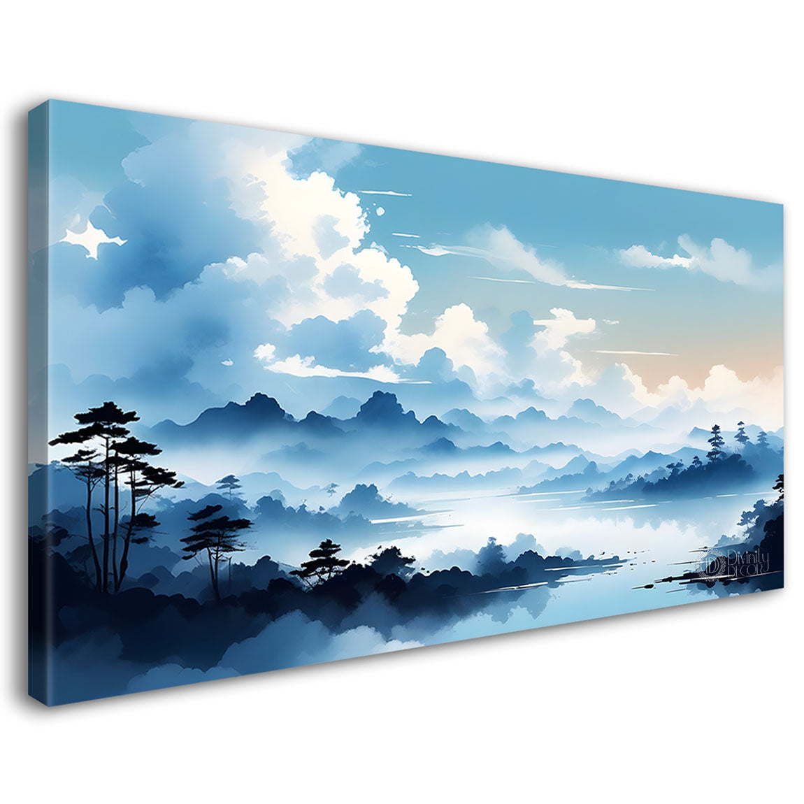 Mountains with river, trees and clouds textured water color art Canvas Painting - Nature Art -163