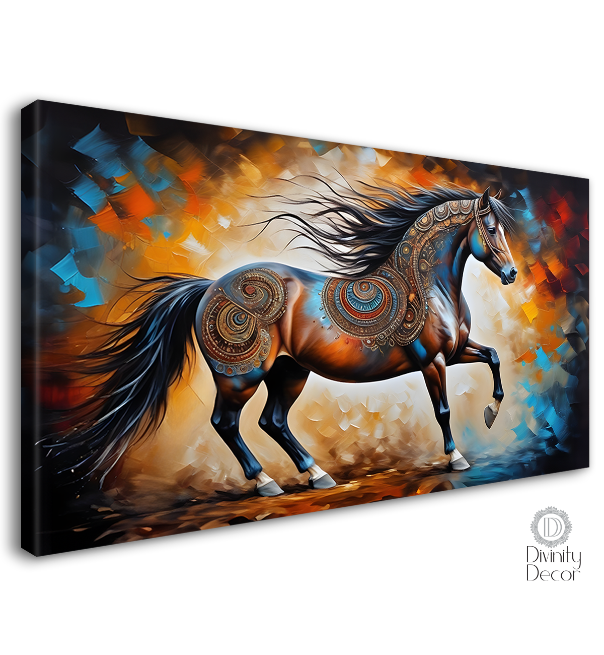 One decorated horse with colorful textured background art Canvas Painting - Design - Horse-164