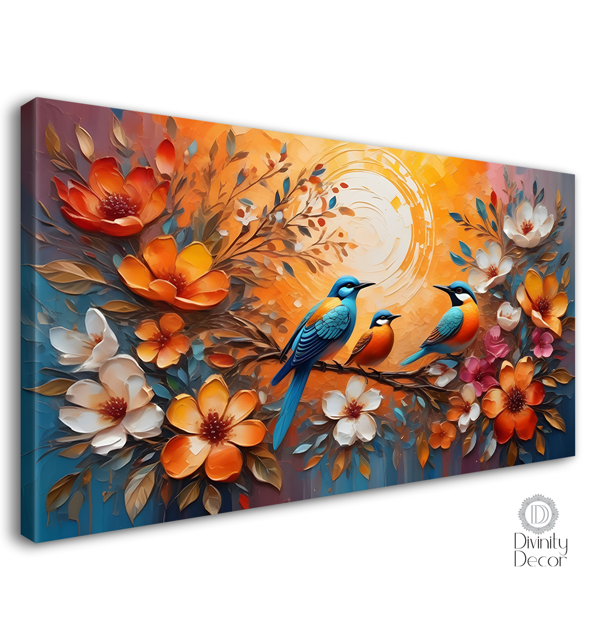 Birds on the branch with colorful flowers in light background art - Design - Animal - 164