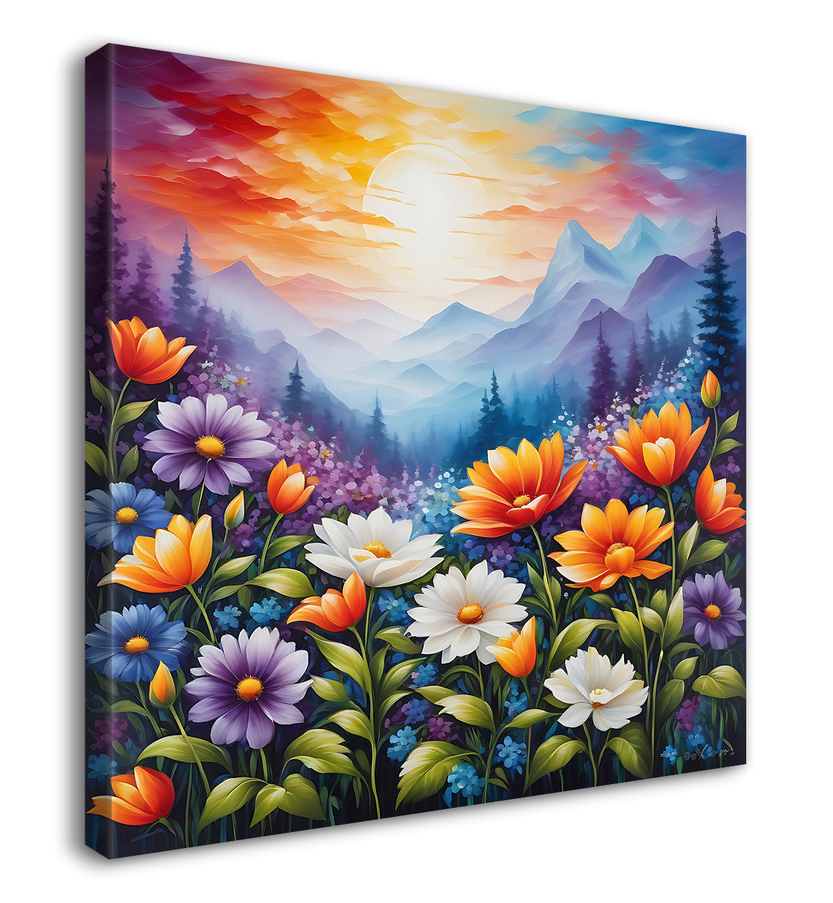 Mountains with beautiful flowers textured painting- Flower-S-164