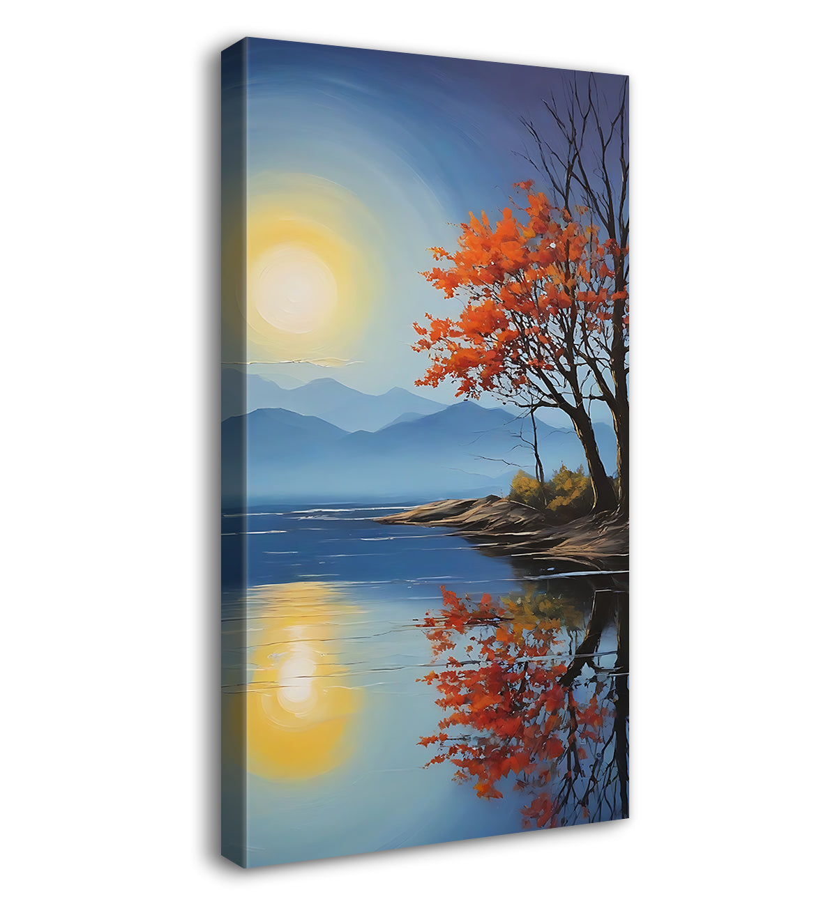 Orange tree with lake and mountains and sun in textured painting Canvas Painting - Nature Art -V-164
