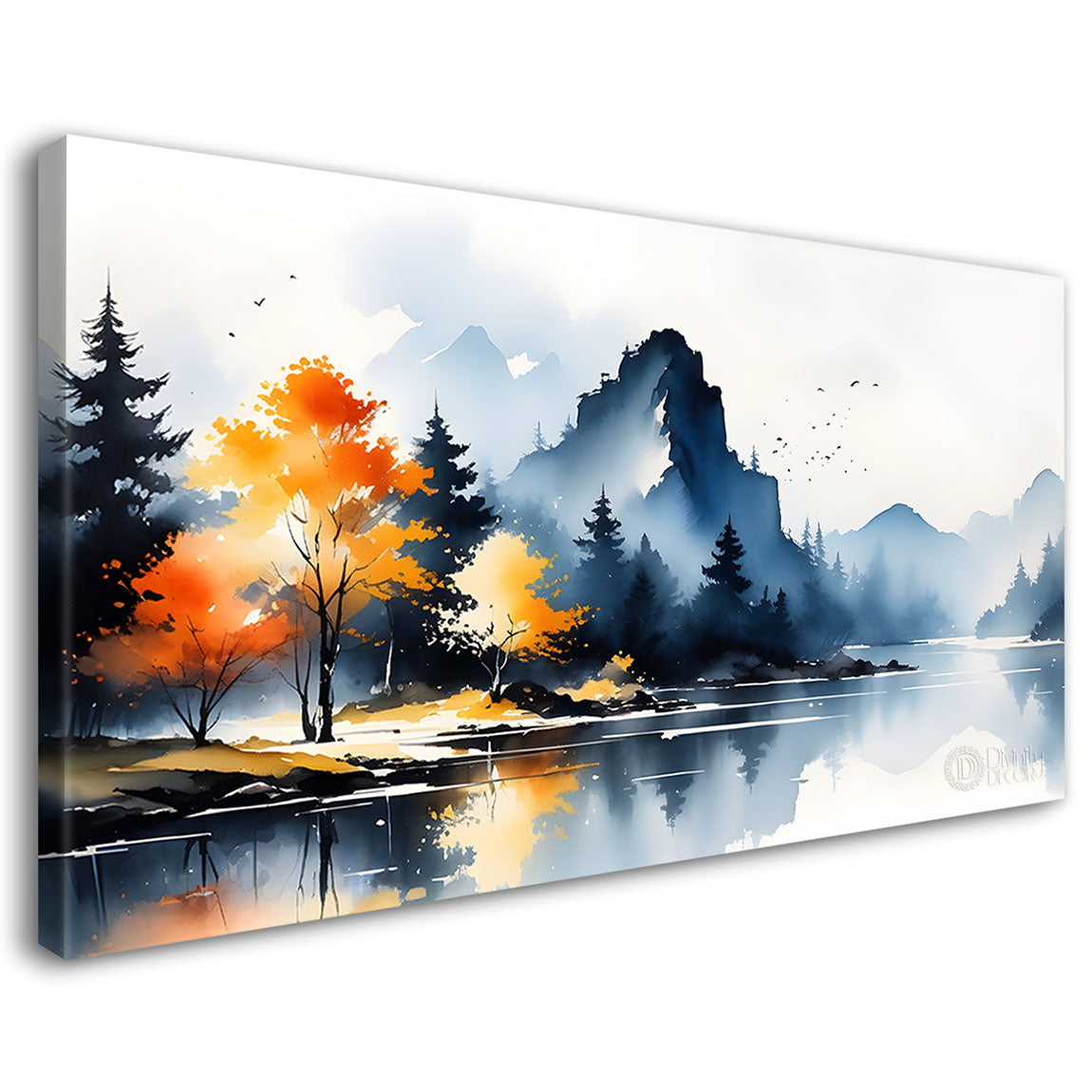 Mountains with river, trees and clouds textured water color art Canvas Painting - Nature Art -164