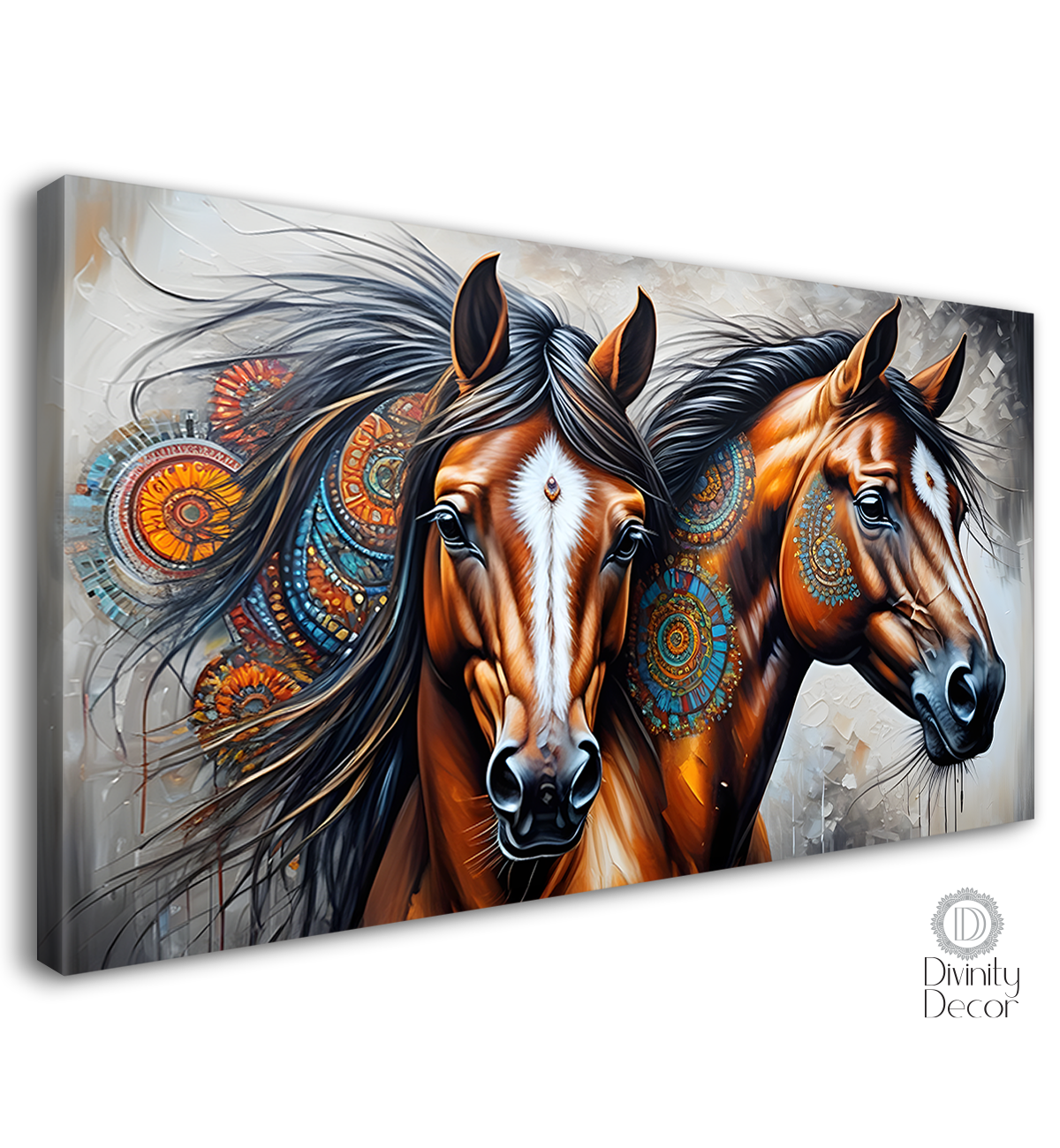Two brown decorated horses in grey textured background art Canvas Painting - Design - Horse-165