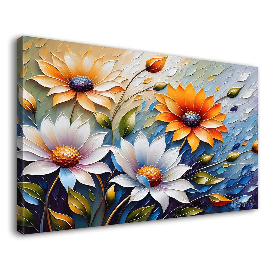 White and orange flowers in blue background- Design - Flower-165