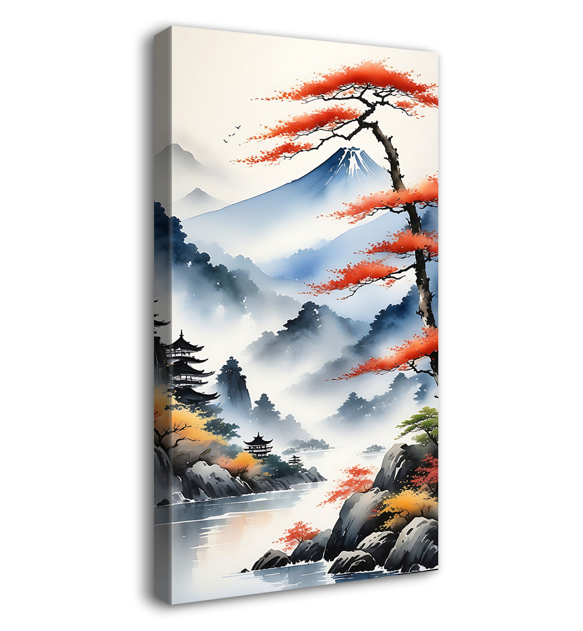 Orange tree with mountains and clouds in textured natural painting Canvas Painting - Nature Art -V-165