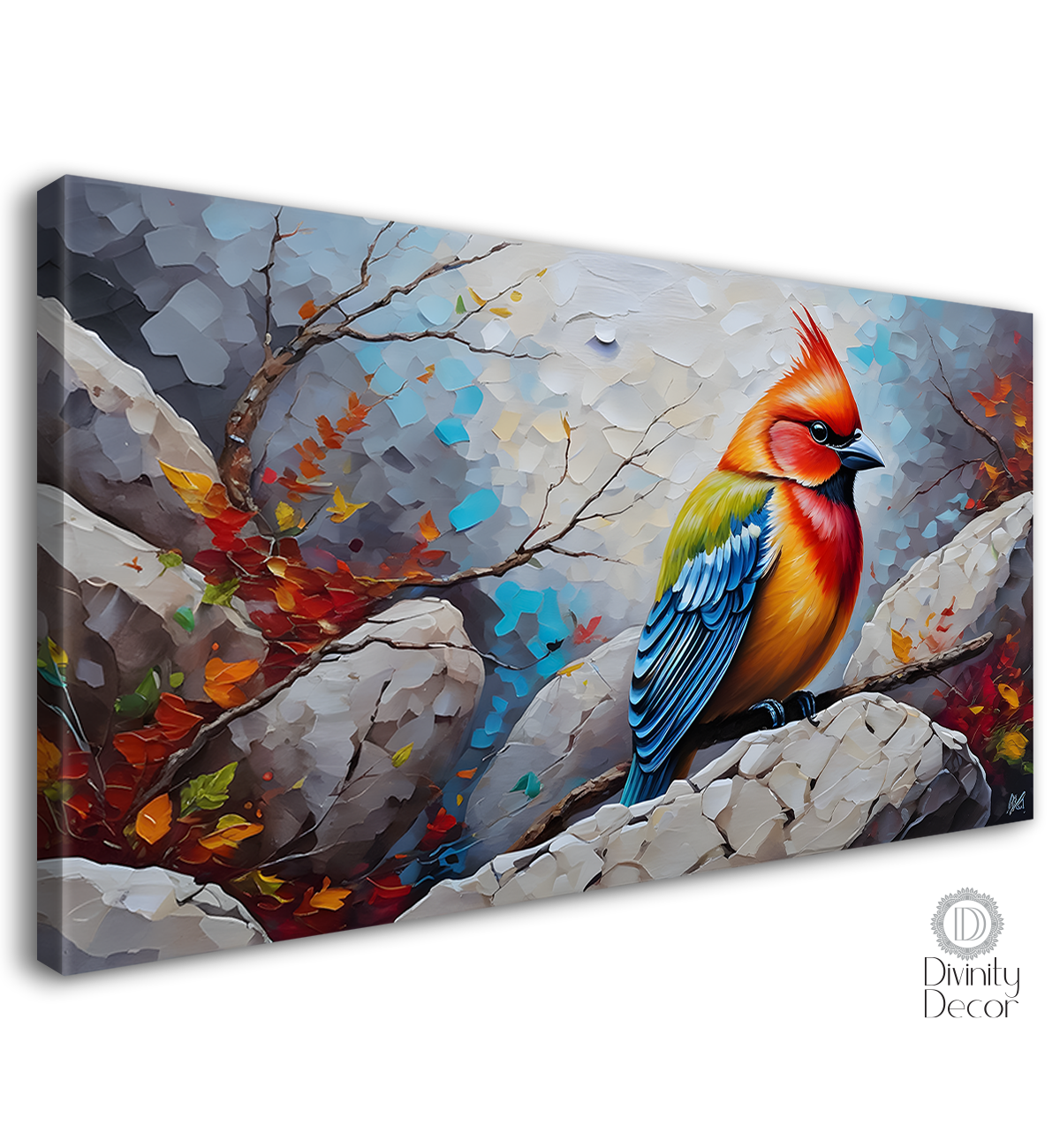 Colorful bird on the rocks with grey background textured art. - Design - Animal - 165