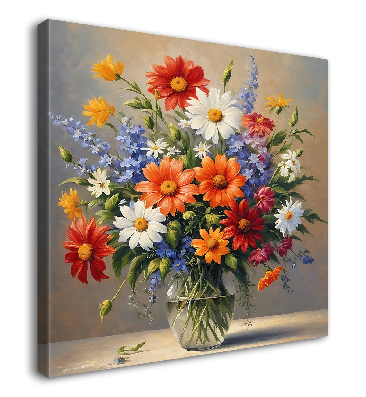 Colourful flowers in a vas in grey textured painting - Flower-S-165