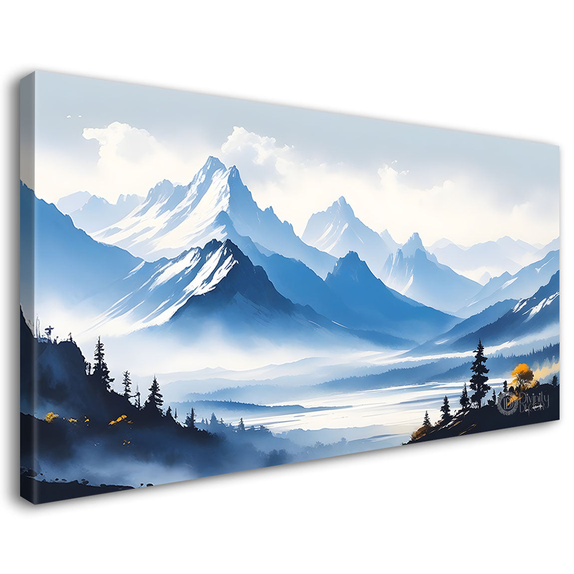 Mountains with river, trees and clouds textured water color art Canvas Painting - Nature Art -165