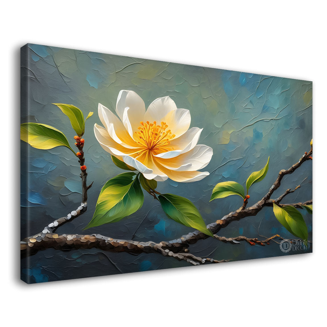 White flower with blue background painting- Design - Flower-166