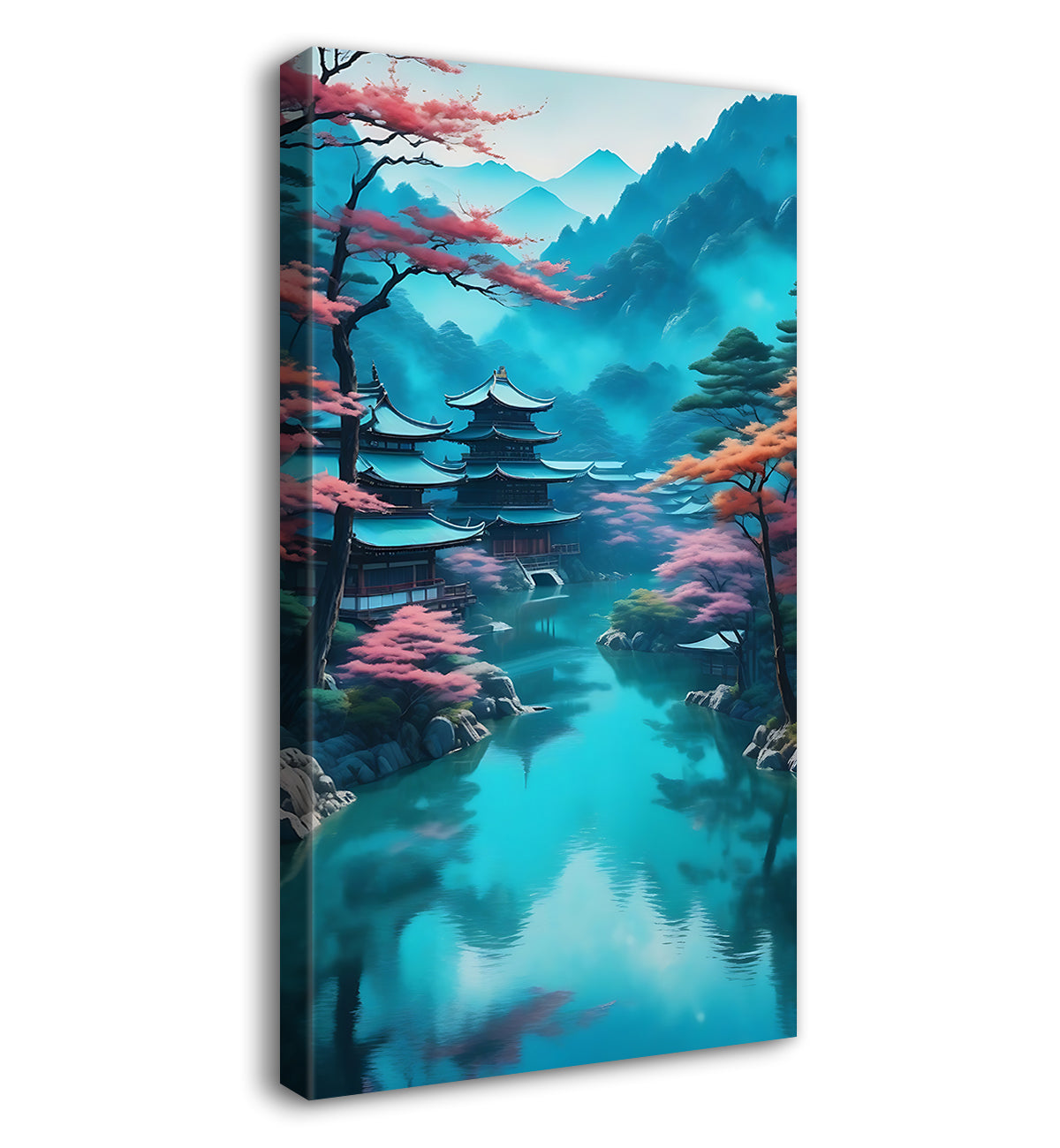 Pink trees with mountains,japanes houses and lake in aqua background in textured natural art Canvas Painting - Nature Art -V-166