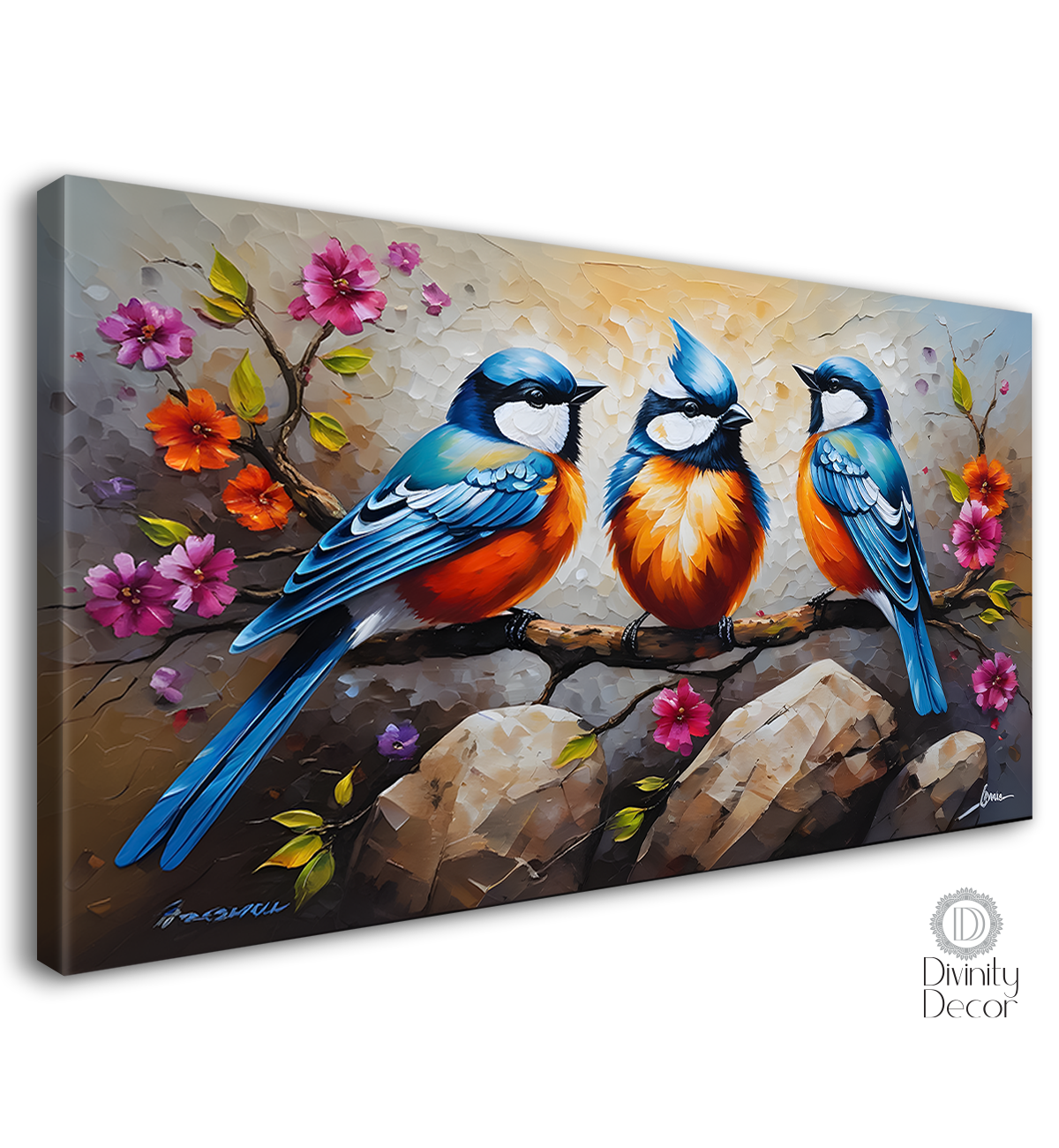 Three birds on the branch with flowers and grey textured background art. - Design - Animal - 166