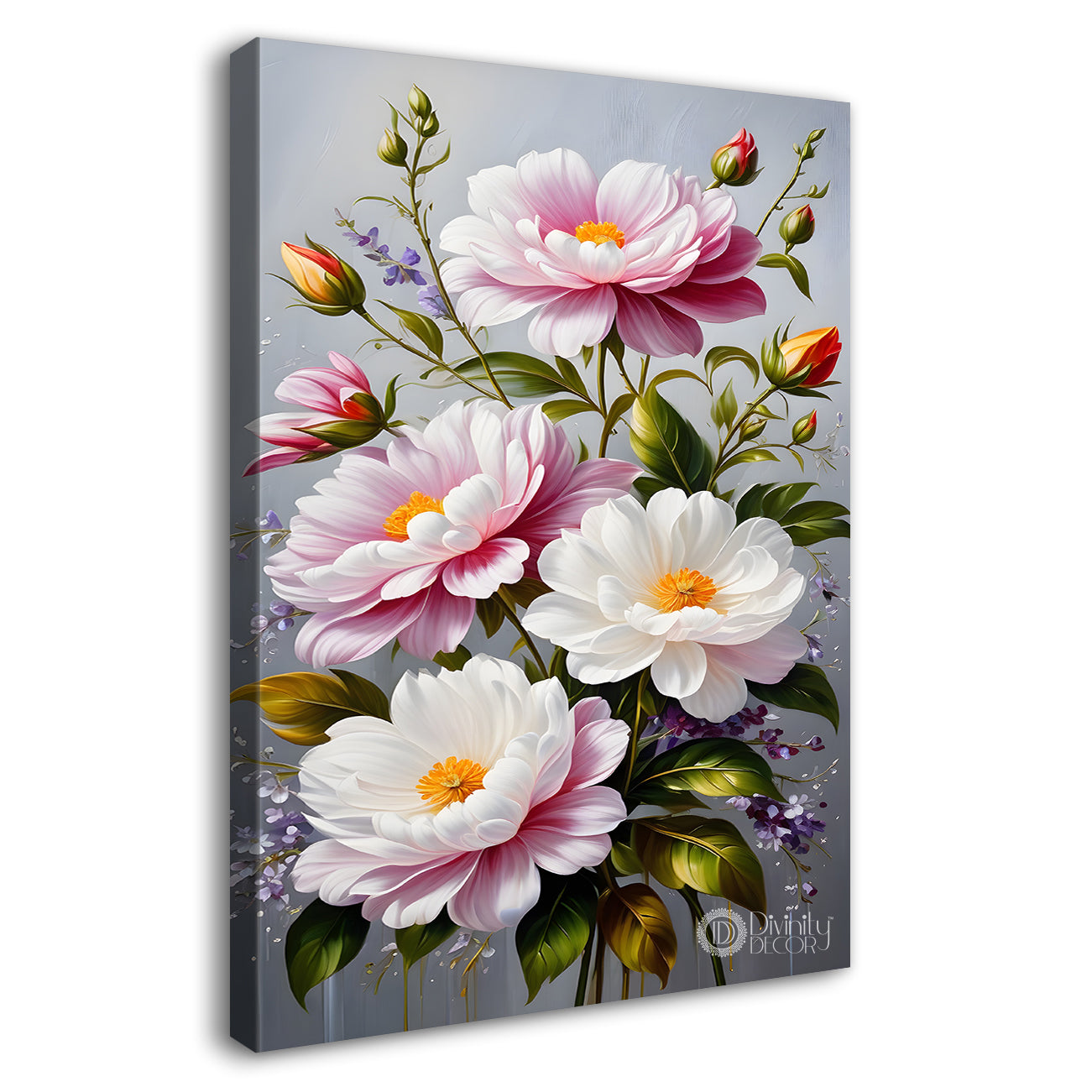 Pink flowers in grey textured painting- Flower-V-166