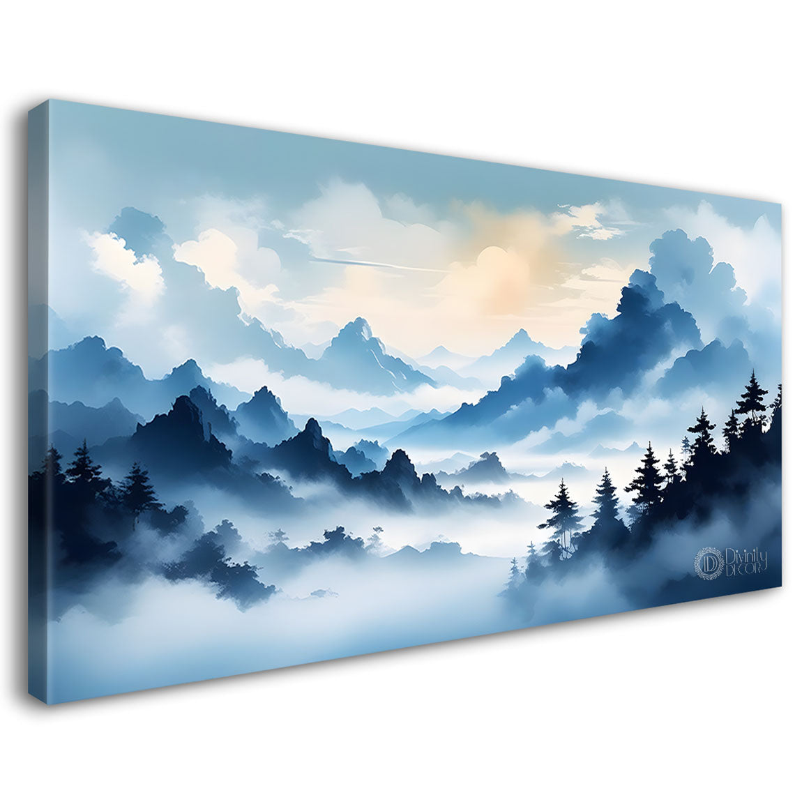 Mountains with river, trees and clouds textured water color art Canvas Painting - Nature Art -166