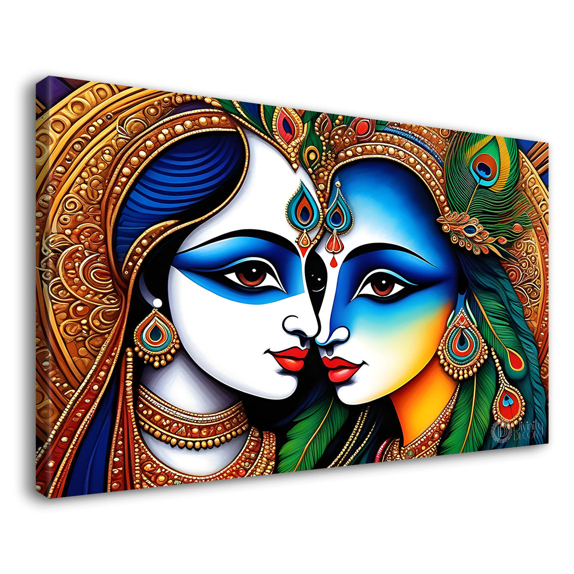Blue face of Krishna and Radha with peacock feather background painting Canvas Painting - Design - Krishna-166