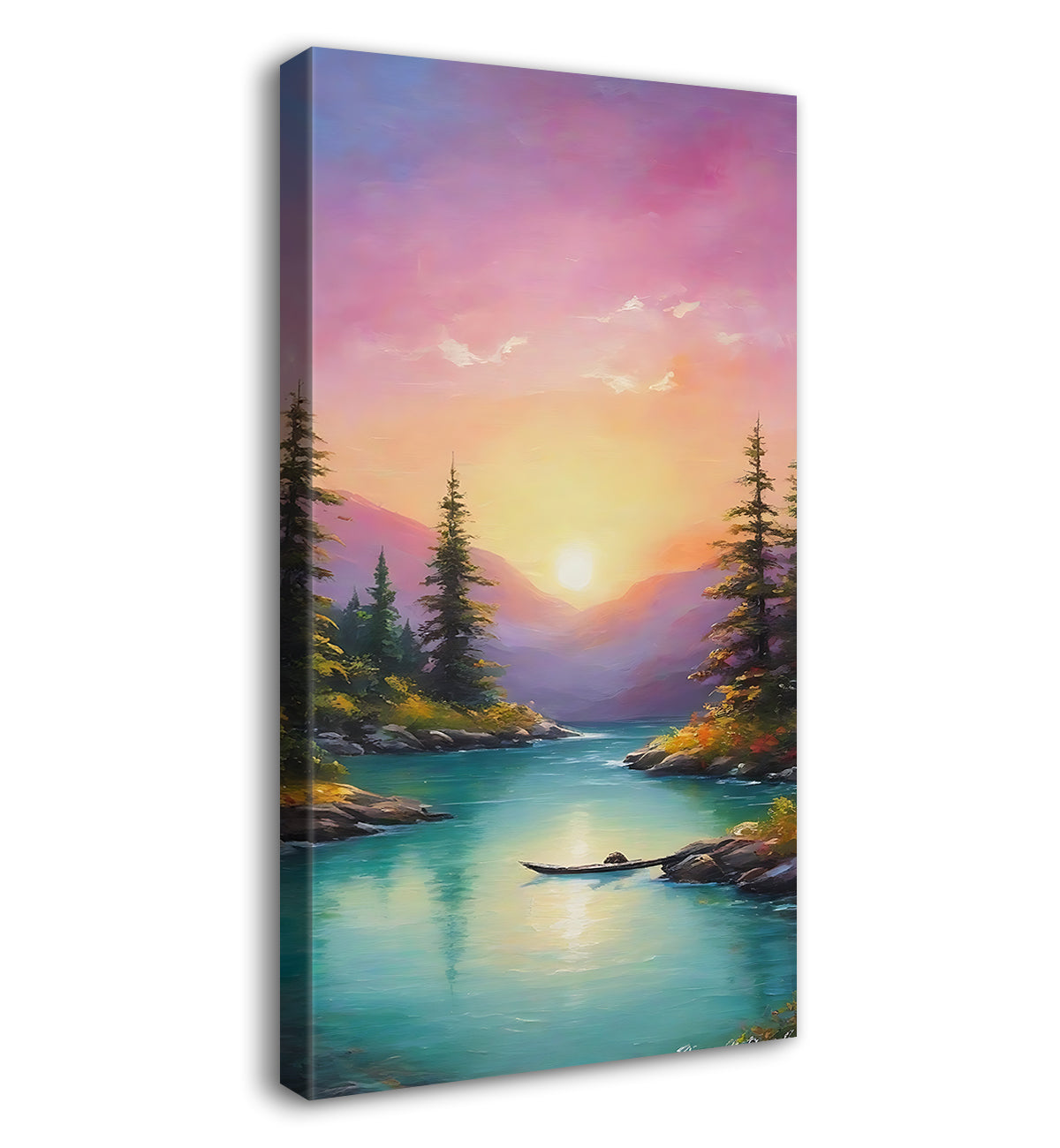 Mountains with tree, pink sky and lake in textured water colour painting Canvas Painting - Nature Art -V-167