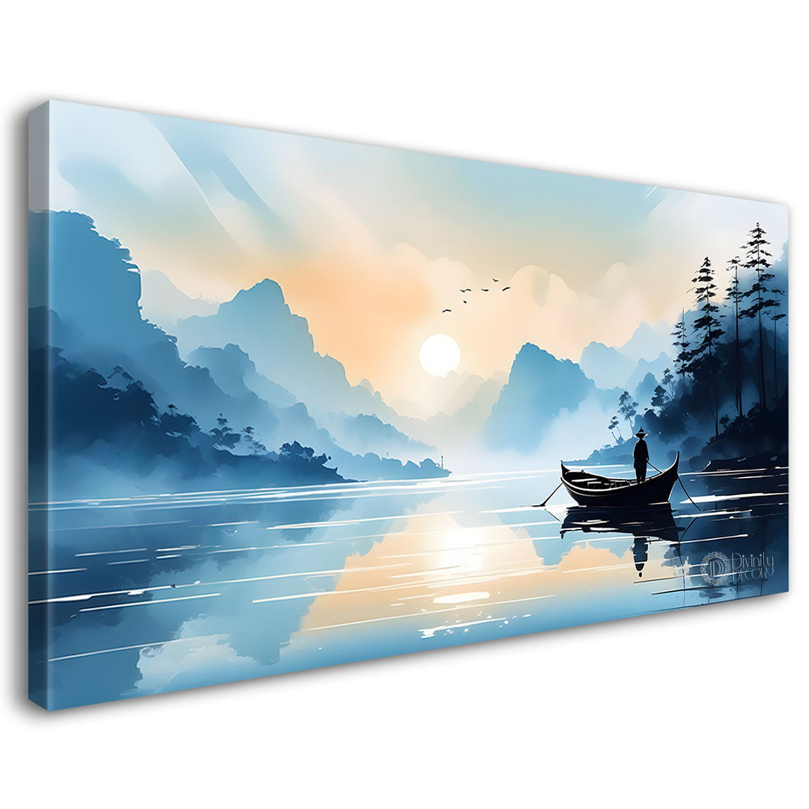 Mountains with river, trees and clouds textured water color art Canvas Painting - Nature Art -167