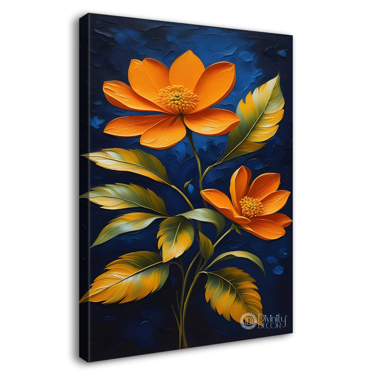 Orange flowers in navy blue textured painting- Flower-V-168