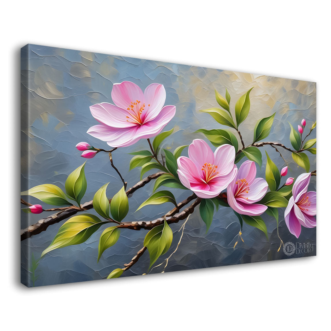Pink flowers with grey textured background painting- Design - Flower-168
